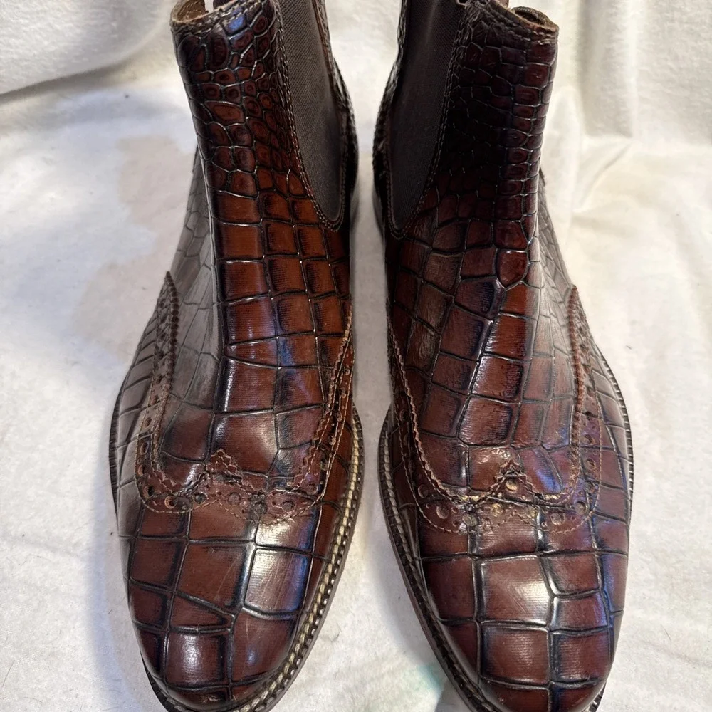 Stacy‎ Adams Leather Tooled Croc Men's Ankle Dress Boots Burgundy Brown Sz 9.5 M